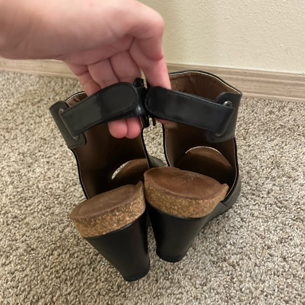 Boutique by Corkys Calypso Black Cork Wedge Heel Size 10 Women's Ankle Velcro